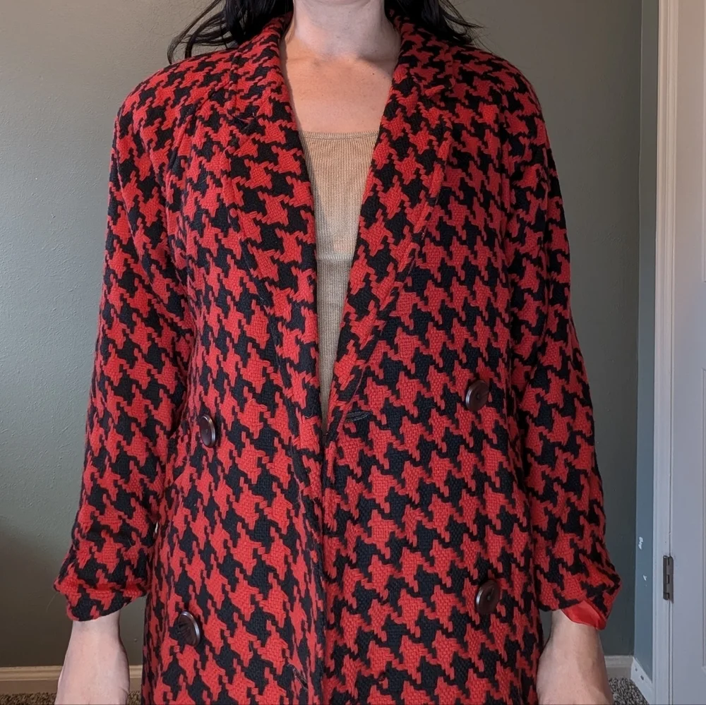 King Feather Retro Red & Black Houndstooth Pea Coat Size L - Picture 1 of 15
